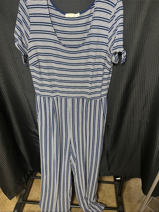 Rewind Pants - Rewind Blue and White Striped Short-Sleeve Jumpsuit